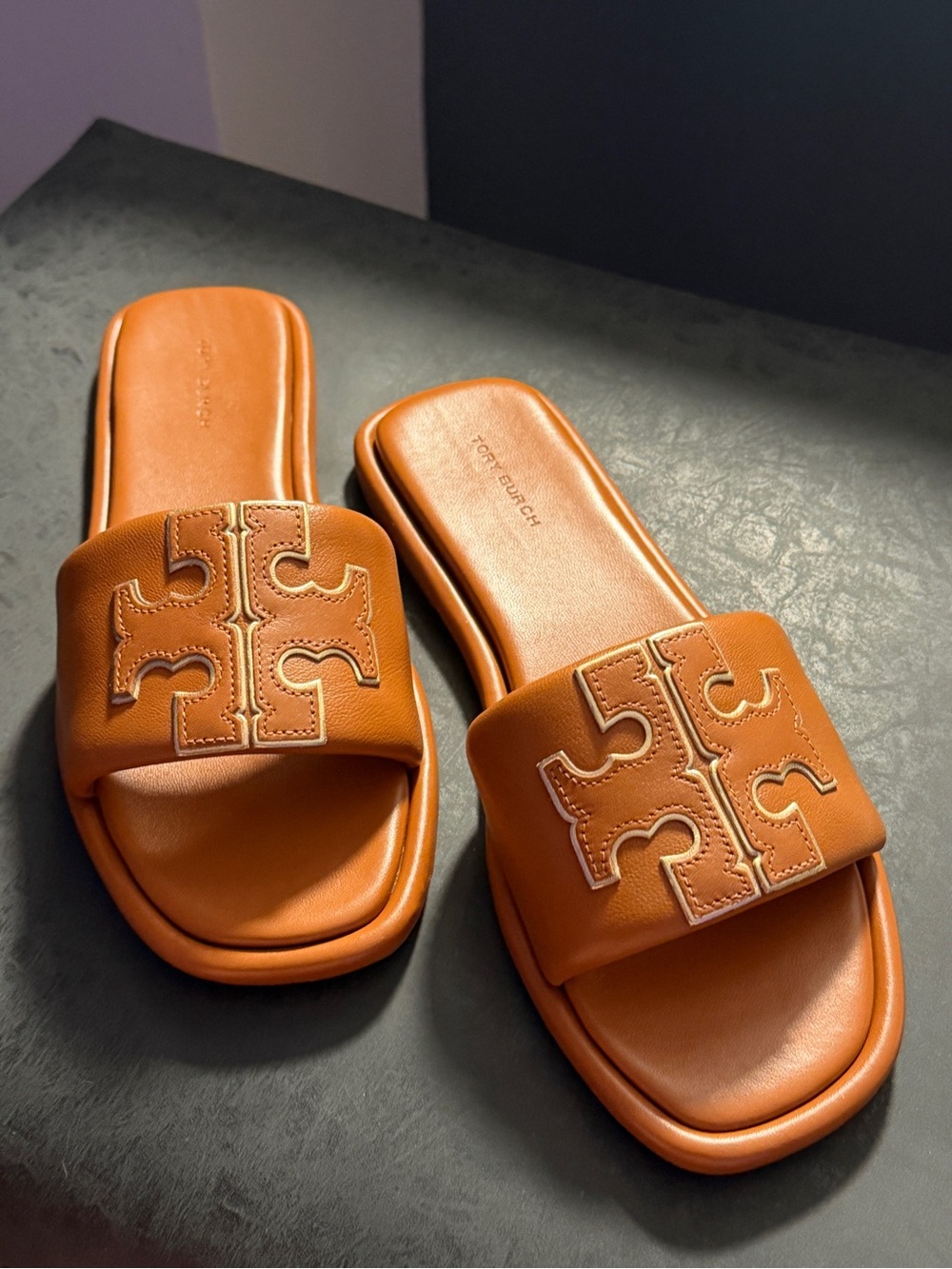 Tory Burch Cognac Leather Logo Slide Sandals